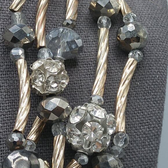 Chico's 5 Strand Beaded Necklace, Gold Swirled Tubes, Clear Silver Crystals, 24" - Picture 6 of 9
